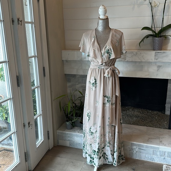 Show Me Your MuMu Audrey Beige Floral Chiffon Maxi Dress Size Small - Picture 6 of 14